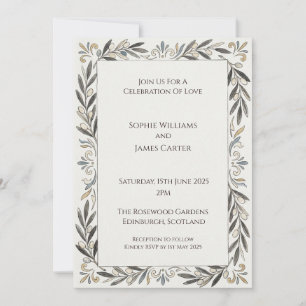 Salbei-Grau Dekorative Blatt-Rand-Hochzeit Einladung