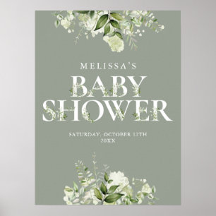 Salbei-Grün-Blumen-Baby-Party-Schild Poster