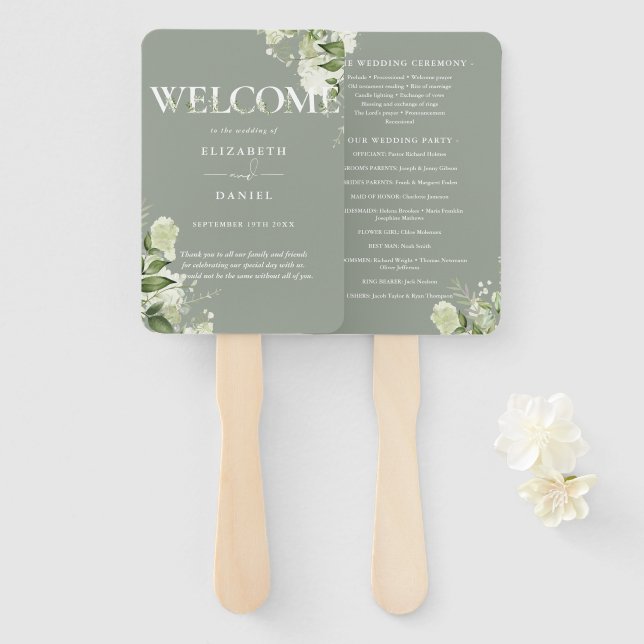 Salbei-Grün-Blumen-Typografie-Hochzeitsprogramm Fächer (Vorne und Hinten)