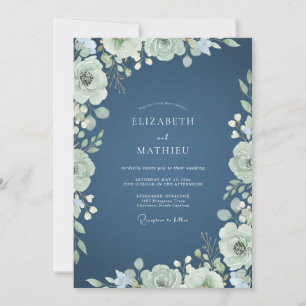 Salbei-Grün-Blüten-Romantik-Hochzeit Einladung