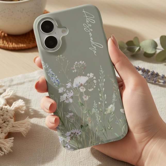 Salbei-Grün Boho-Aquarell-Wildblumen iPhone 16 Hülle (Von Creator hochgeladen)