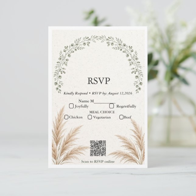 Salbei-Grün Boho Eukalyptus Pampas Gras QR-Code RS RSVP Karte (Stehend Vorderseite)