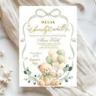 Salbei-Grün-Bow-Coquette-Bär-Baby-Party Einladung