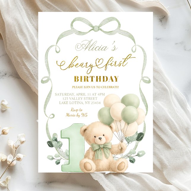 Salbei-Grün-Bowle-Coquette-Beary-Erster-Geburtstag Einladung (Von Creator hochgeladen)