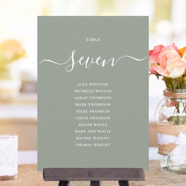 Salbei-Grün Chic Schrift Tischnummer Sitzplan (Sage Green Chic Script Table Number Seating Chart)