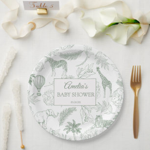 Salbei-Grün-Dschungel-Safari-Tiere-Baby-Party Pappteller