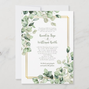 Salbei-Grün-Eukalyptus-Blätter-Goldrahmen-Hochzeit Einladung
