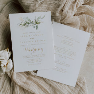 Salbei-Grün-Eukalyptus-Gold-Hochzeit Vorder- und R Einladung