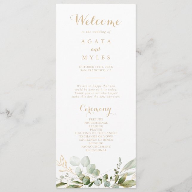 Salbei-Grün-Eukalyptus-Gold-Hochzeitsprogramm Programm (Vorderseite)