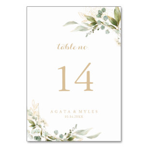 Salbei-Grün-Eukalyptus-Gold-Kalligrafie-Hochzeit Tischnummer