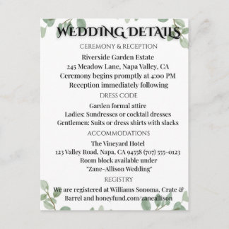 Salbei-Grün-Eukalyptus-Hochzeitsinformationskarte Begleitkarte