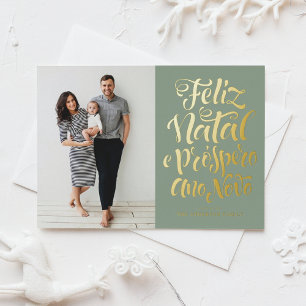 Salbei-Grün Feliz Natal Kalligrafie Weihnachtsfoto Folien Feiertagspostkarte