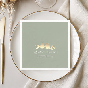 Salbei-Grün-Gold-Liebesvögel-Hochzeit Serviette