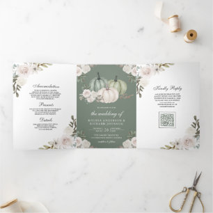 Salbei Grün Kürbis Weiß Floral QR Code Hochzeit Dreifach Gefaltete Einladung