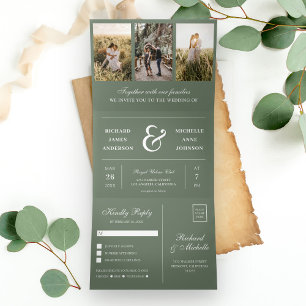 Salbei Grün Minimal 3 in 1 Foto Collage Hochzeit Dreifach Gefaltete Einladung