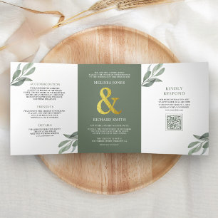 Salbei-Grün-Olivenblätter-Zweig QR-Code-Hochzeit Dreifach Gefaltete Einladung