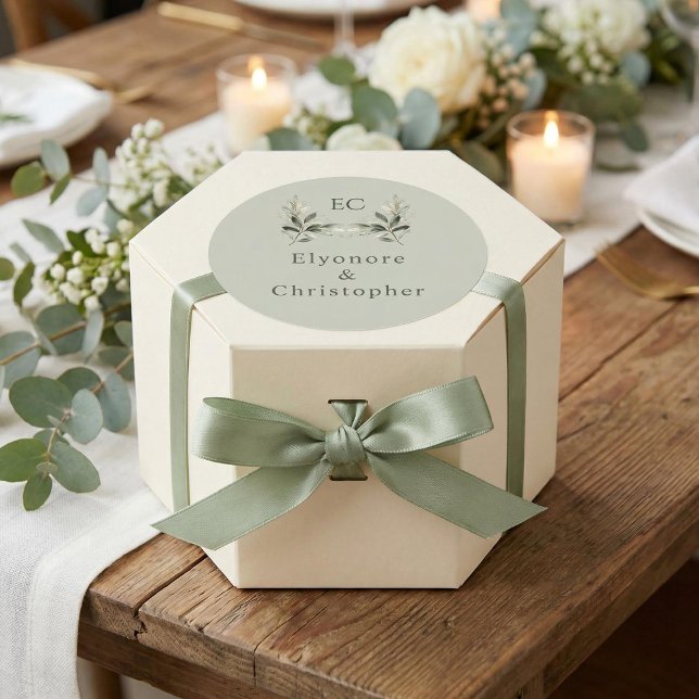 Salbei-Grün-Olivenzweig-Monogramm-Hochzeit  Runder Aufkleber (Von Creator hochgeladen)