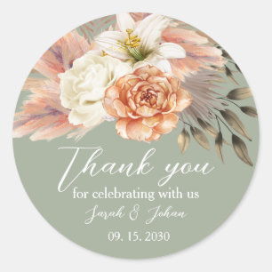 Salbei-Grün-Pfirsich-Blumen-Hochzeit-Danke-Aufkleb Runder Aufkleber