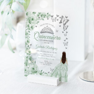 Salbei-Grün Silber Blumen Quinceanera Acryleinladungen