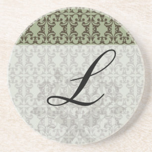 Salbei, grün und braun, verziertes Damastmuster Sandstein Untersetzer