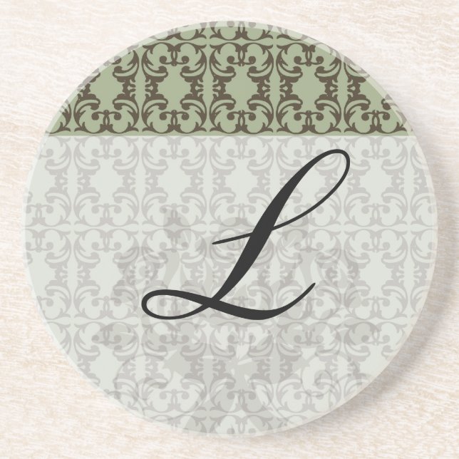 Salbei, grün und braun, verziertes Damastmuster Sandstein Untersetzer (Vorne)