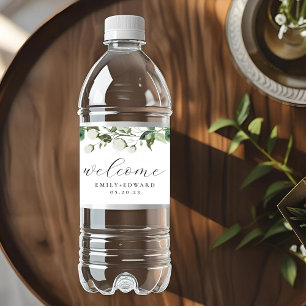 Salbei-Grün und weiße florale Hochzeitsbegrüßung Wasserflaschenetikett