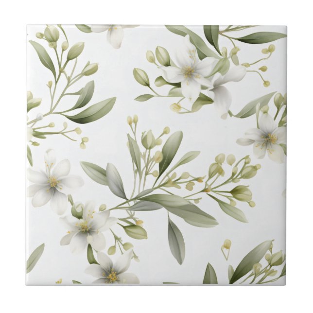 Salbei-Grün Weiße Blumenkeramikfliese Fliese (Vorderseite)