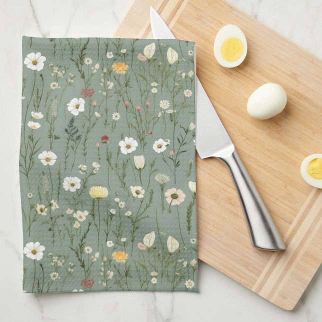 Salbei Grün Weiße Gelbe Wildblumen Boho Trendig Geschirrtuch (Viertel Falte)