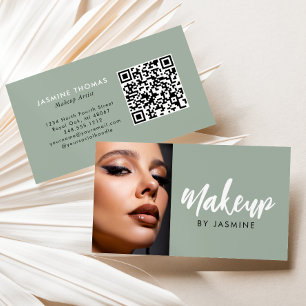 Salbei Grün Weiße Schrift QR-Code Foto Makeup Visitenkarte