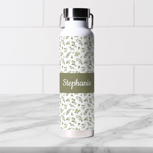 Salbei-Grüne-Oliven-Wasserfarbe-Monogramm-Name Trinkflasche (Von Creator hochgeladen)
