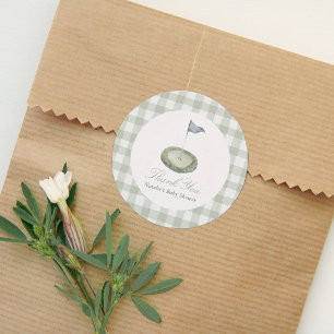Salbei-Grüner Gingham-Golf-Baby-Shower-Gastgeschen Runder Aufkleber