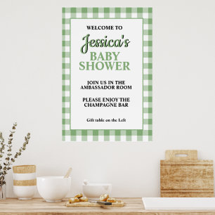 Salbei-Grüner Gingham-Karo-Babyparty-Willkommensgr Poster