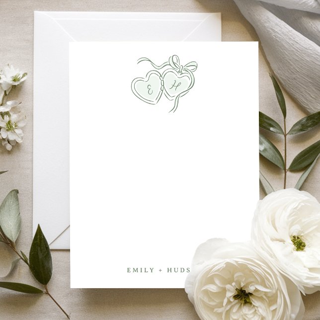 Salbei-Handgemalte-Herzen-Monogramm-Personalisiert Mitteilungskarte (Sage Hand Drawn Hearts Monogram Personalized Note Card)