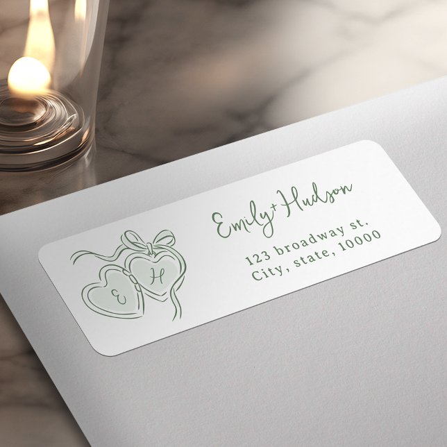 Salbei-Handgezeichnete-Herzen-Monogramm-Rücksendea (Sage Hand Drawn Hearts Monogram return address Label)
