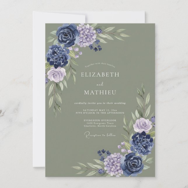 Salbei-Indigo-Botanical-Hochzeit Einladung (Vorderseite)