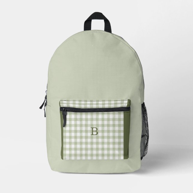 Salbei & Jägergrün Gingham Trend Monogramm Bedruckter Rucksack (Vorderseite)