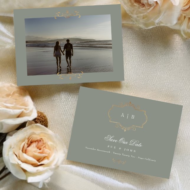 Salbei-Klassik-Foto-Monogramm-Hochzeit Save The Date (Von Creator hochgeladen)