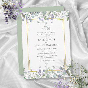 Salbei-Lila-Blumen-Monogramm-Hochzeits-Paar-Dusche Einladung