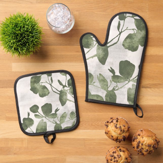 Salbei Olivgrüne malerische botanische Kunst 02 Ofenhandschuh & Topflappen-Set (Oben Unten)
