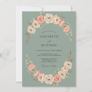 Salbei-Pfirsich-Blüten-Romanze-Hochzeit Einladung