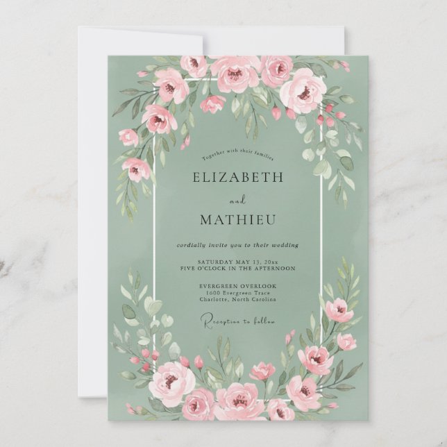 Salbei-Rosa-Blumenhochzeit Einladung (Vorderseite)