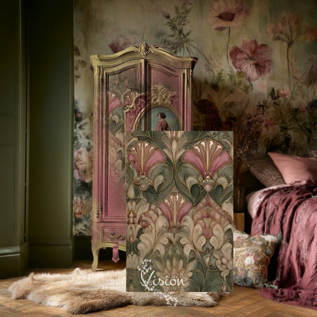 Salbei-Rosa Jugendstil-Fächer-Damaskus-Muster Seidenpapier (Sage green blush art nouveau fan damask panel dark floral bedroom armoire fur rug)