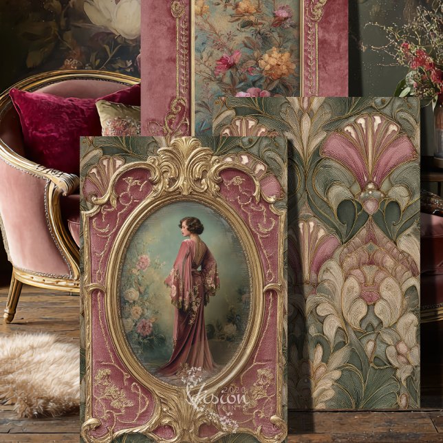 Salbei-Rot-Flapper Art Nouveau 3-Panel-Set Geschenkpapier Set (Three art nouveau panels propped on dark wood floor beside pink French velvet chair)