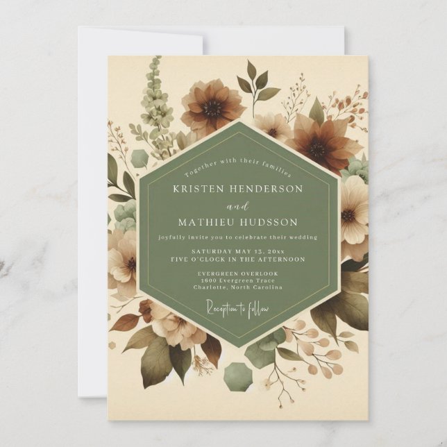 Salbei-Sepia-Blütenhochzeit Einladung (Vorderseite)