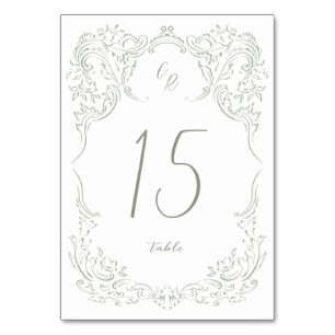 Salbei Skizzierte Vintage-Flourish-Monogramm-Hochz Tischnummer