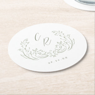 Salbei Skizziertes Vintage Flourish Hochzeitsmonog Runder Pappuntersetzer