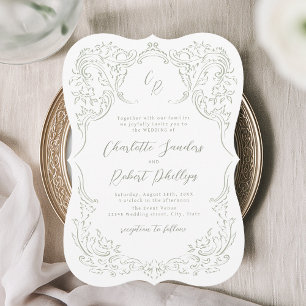 Salbei Skizziertes Vintage Flourish Monogramm Hoch Einladung