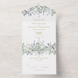 Salbei- und Flieder-Gold-Blumenmonogramm-Hochzeit All In One Einladung