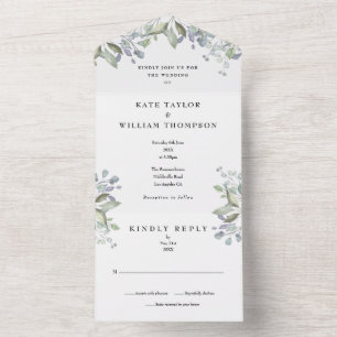 Salbei- und Fliedergrün Florale Hochzeit All In One Einladung