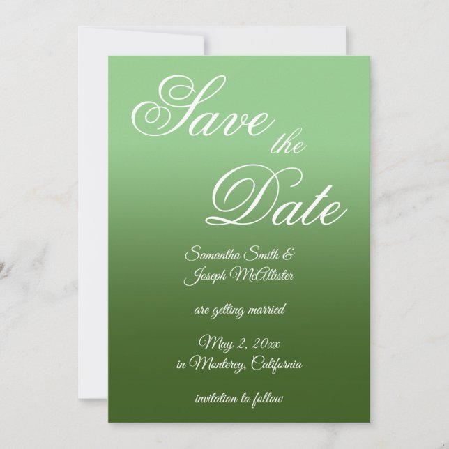 Salbei und Waldgrün Ombre Fancy Script Save The Date (Vorderseite)